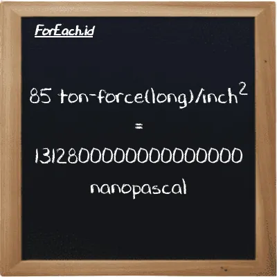 85 ton-force(long)/inch<sup>2</sup> is equivalent to 1312800000000000000 nanopascal (85 LT f/in<sup>2</sup> is equivalent to 1312800000000000000 nPa)